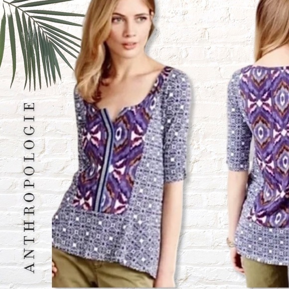 🎁3 for $30 Anthropologie Akemi + Kim Ikat Kaleidoscope Blouse Size Medium Blue - Picture 1 of 11